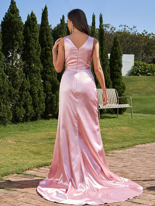 A-Line/Princess  Woven Satin Ruched V-neck Sleeveless Sweep/Brush Train Bridesmaid Dresses