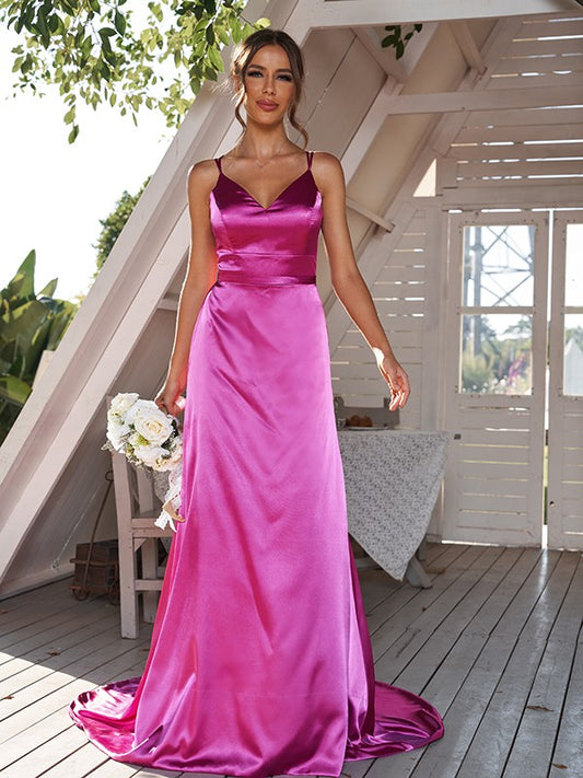 A-Line/Princess Silk like Satin Ruched V-neck Sleeveless Sweep/Brush Train Bridesmaid Dresses