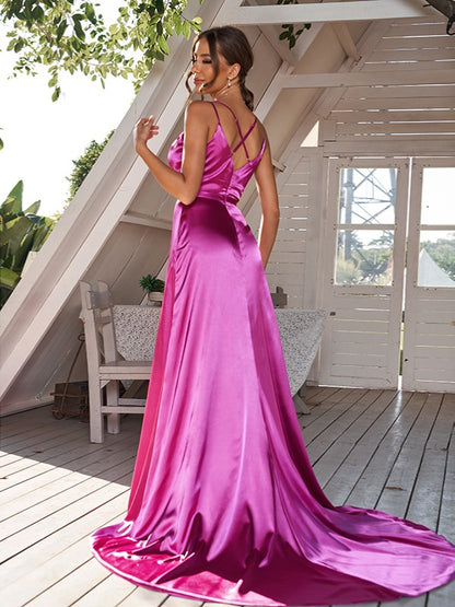 A-Line/Princess Silk like Satin Ruched V-neck Sleeveless Sweep/Brush Train Bridesmaid Dresses