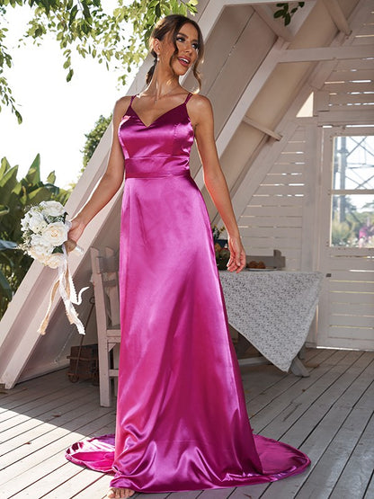 A-Line/Princess Silk like Satin Ruched V-neck Sleeveless Sweep/Brush Train Bridesmaid Dresses