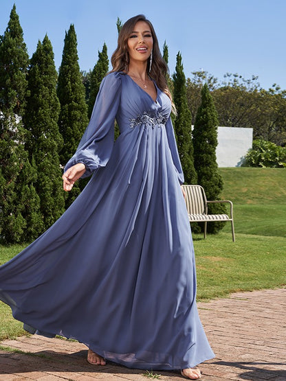 A-Line/Princess Chiffon Applique V-neck Long Sleeves Floor-Length Bridesmaid Dresses