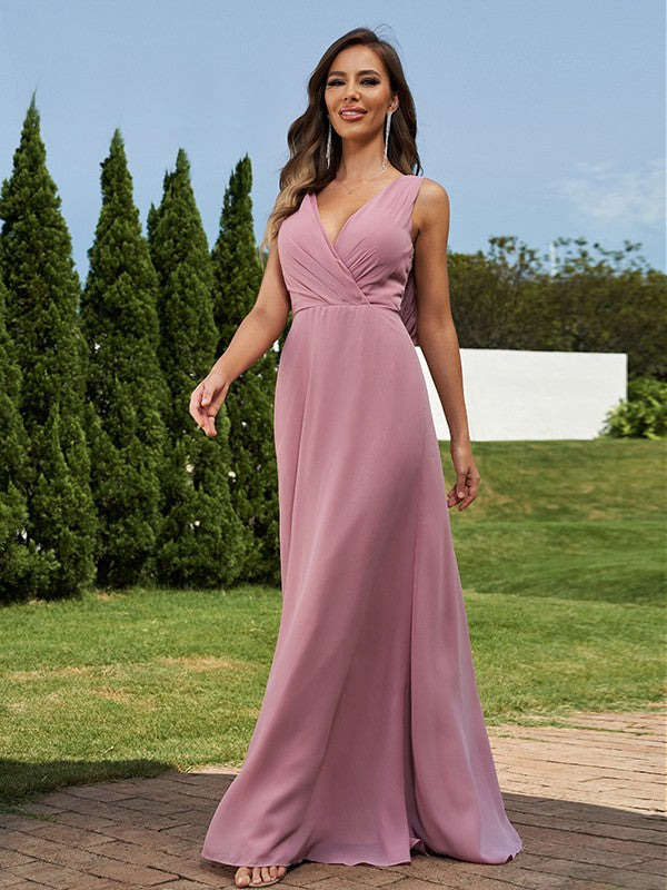 A-Line/Princess Chiffon Ruched V-neck Sleeveless Floor-Length Bridesmaid Dresses