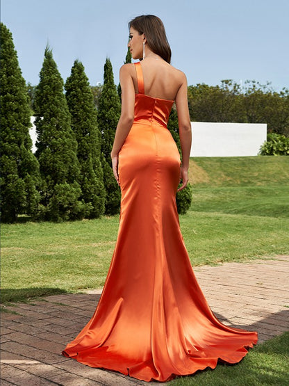 Sheath/Column Silk like Satin Ruched One-Shoulder Sleeveless Sweep/Brush Train Bridesmaid Dresses