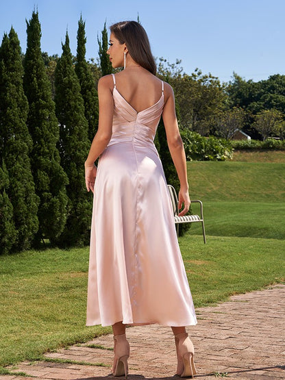 A-Line/Princess Silk like Satin Ruched V-neck Sleeveless Ankle-Length Bridesmaid Dresses