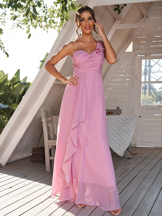 A-Line/Princess Chiffon Ruched One-Shoulder Sleeveless Floor-Length Bridesmaid Dresses