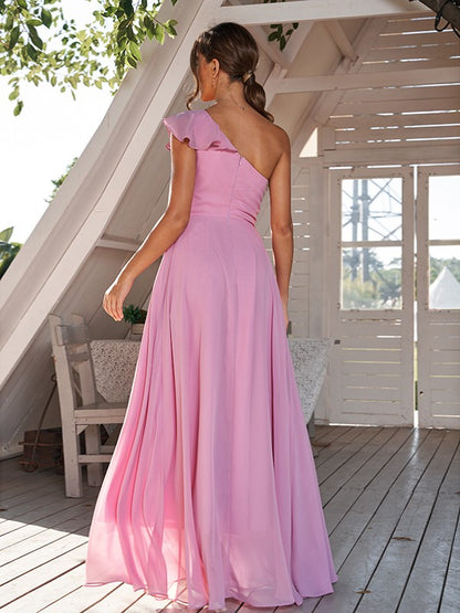 A-Line/Princess Chiffon Ruched One-Shoulder Sleeveless Floor-Length Bridesmaid Dresses