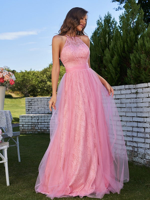 A-Line/Princess Tulle Ruffles Halter Sleeveless Sweep/Brush Train Bridesmaid Dresses