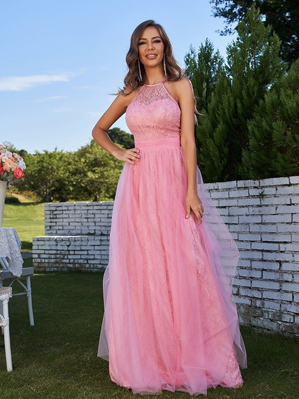 A-Line/Princess Tulle Ruffles Halter Sleeveless Sweep/Brush Train Bridesmaid Dresses