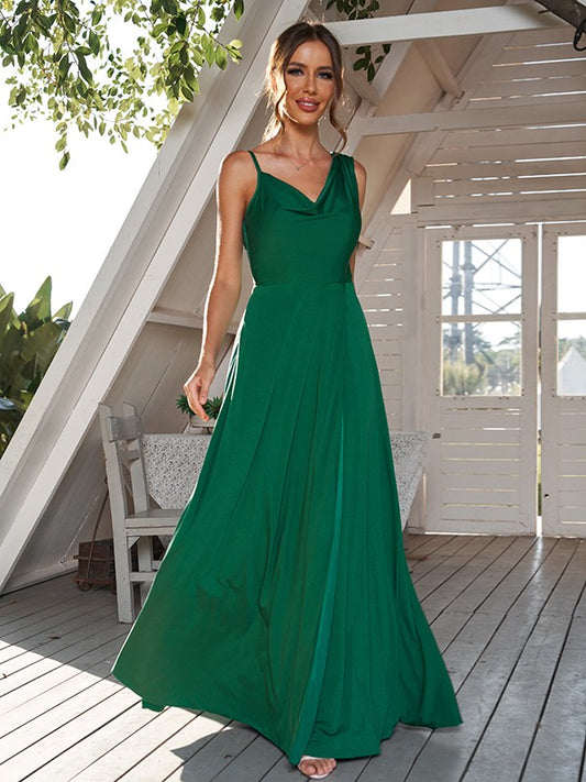 A-Line/Princess Jersey Ruched Straps Sleeveless Floor-Length Bridesmaid Dresses