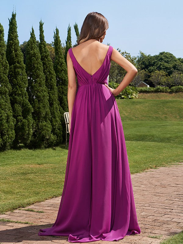 A-Line/Princess Chiffon Ruched V-neck Sleeveless Sweep/Brush Train Bridesmaid Dresses