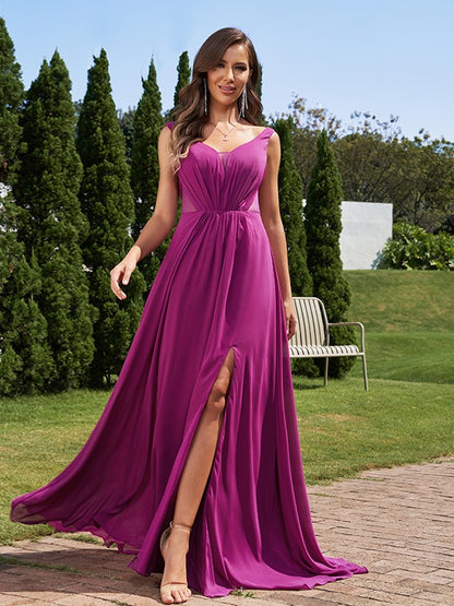 A-Line/Princess Chiffon Ruched V-neck Sleeveless Sweep/Brush Train Bridesmaid Dresses