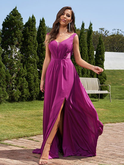 A-Line/Princess Chiffon Ruched V-neck Sleeveless Sweep/Brush Train Bridesmaid Dresses