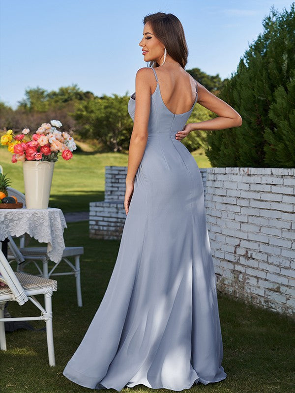 Sheath/Column Chiffon Ruched Spaghetti Straps Sleeveless Sweep/Brush Train Bridesmaid Dresses