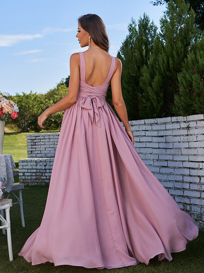 A-Line/Princess Chiffon Ruched V-neck Sleeveless Sweep/Brush Train Bridesmaid Dresses