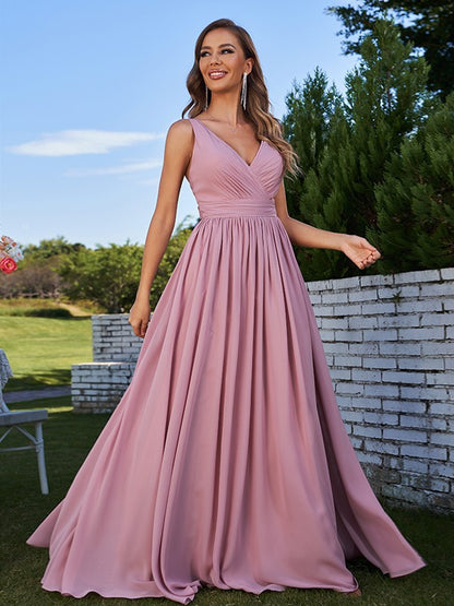 A-Line/Princess Chiffon Ruched V-neck Sleeveless Sweep/Brush Train Bridesmaid Dresses