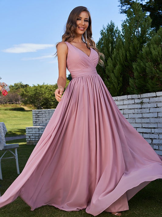 A-Line/Princess Chiffon Ruched V-neck Sleeveless Sweep/Brush Train Bridesmaid Dresses