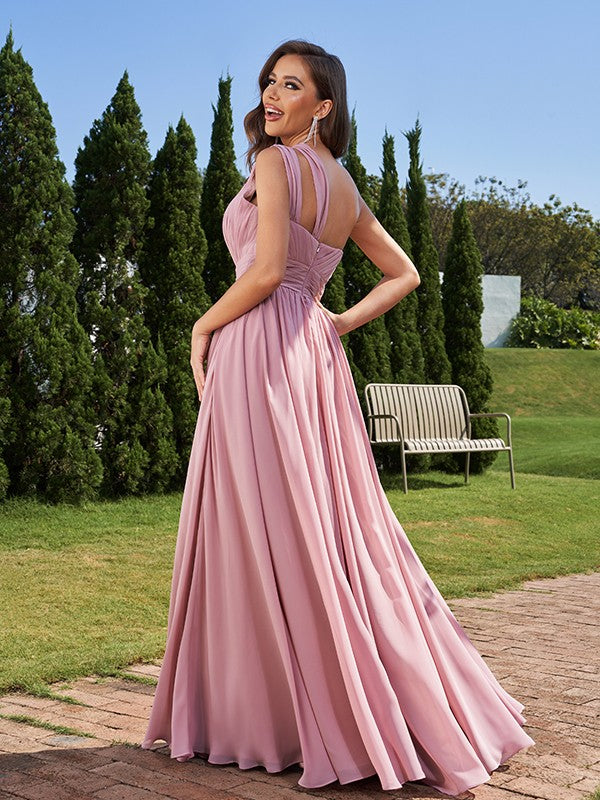 A-Line/Princess Chiffon Ruched One-Shoulder Sleeveless Floor-Length Bridesmaid Dresses