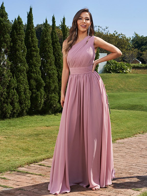 A-Line/Princess Chiffon Ruched One-Shoulder Sleeveless Floor-Length Bridesmaid Dresses