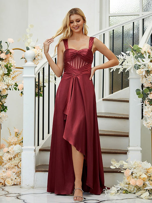 A-Line/Princess  Woven Satin Ruched Straps Sleeveless Asymmetrical Bridesmaid Dresses