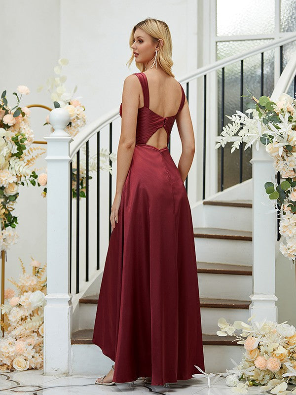 A-Line/Princess Elastic Woven Satin Ruched Straps Sleeveless Asymmetrical Bridesmaid Dresses