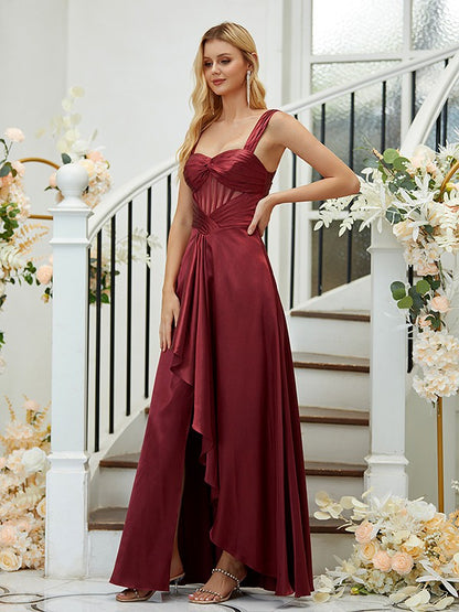 A-Line/Princess Elastic Woven Satin Ruched Straps Sleeveless Asymmetrical Bridesmaid Dresses