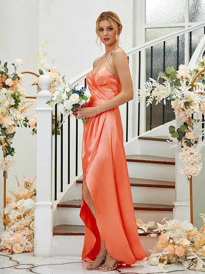 A-Line/Princess  Woven Satin Ruched V-neck Sleeveless Asymmetrical Bridesmaid Dresses