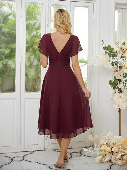 A-Line/Princess Chiffon Ruched Scoop Short Sleeves Asymmetrical Bridesmaid Dresses