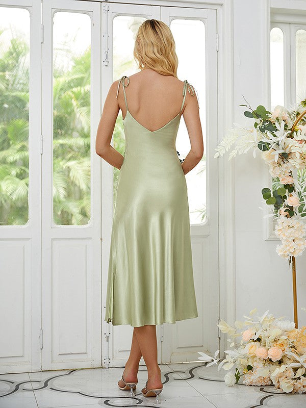 Sheath/Column Silk like Satin Spaghetti Straps Sleeveless Tea-Length Bridesmaid Dresses