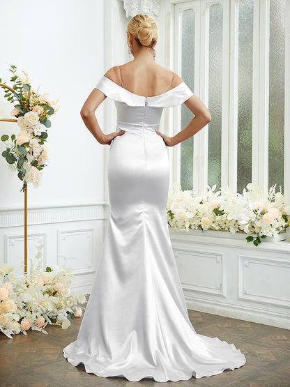 Sheath/Column Elastic Woven Satin Spaghetti Straps Sleeveless Sweep/Brush Train Bridesmaid Dresses