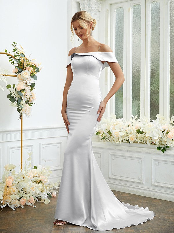 Sheath/Column Elastic Woven Satin Spaghetti Straps Sleeveless Sweep/Brush Train Bridesmaid Dresses