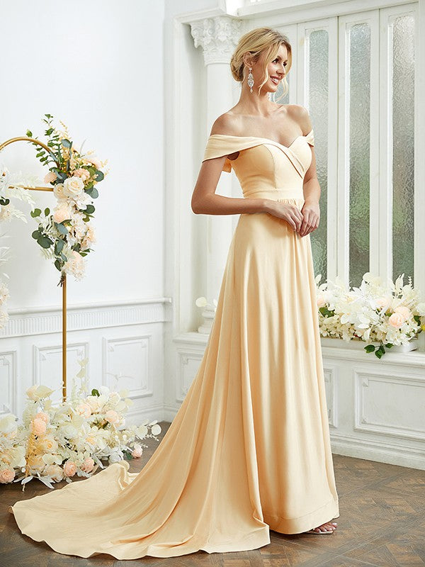 A-Line/Princess Jersey Ruched Off-the-Shoulder Sleeveless Court Train Bridesmaid Dresses