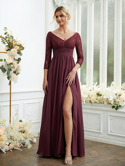 A-Line/Princess Chiffon Lace V-neck Long Sleeves Floor-Length Bridesmaid Dresses