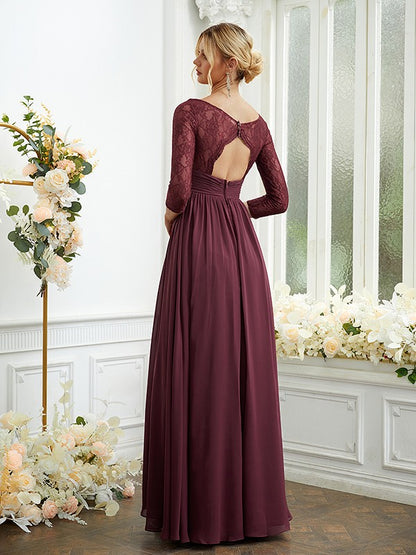 A-Line/Princess Chiffon Lace V-neck Long Sleeves Floor-Length Bridesmaid Dresses