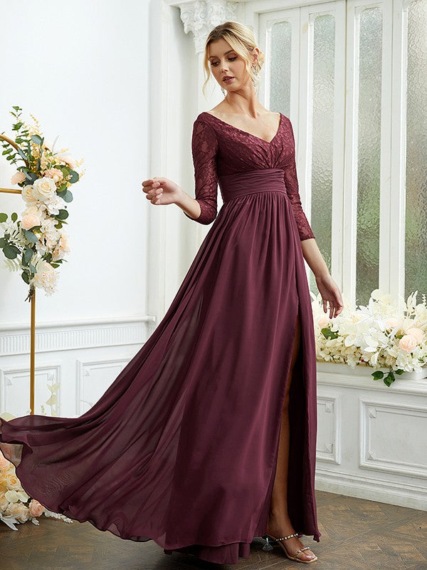 A-Line/Princess Chiffon Lace V-neck Long Sleeves Floor-Length Bridesmaid Dresses