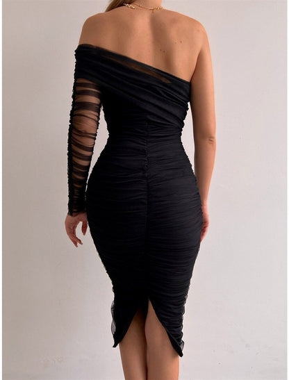 Sheath / Column Evening Gown Sexy Dress Formal Knee Length Long Sleeve One Shoulder Tulle with Ruched Slit