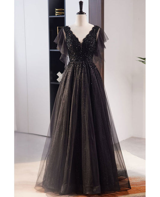 Unique and elegant black beaded sequin short sleeved ball dress with black A-shaped princess V-neck backless strap and floor length evening dress