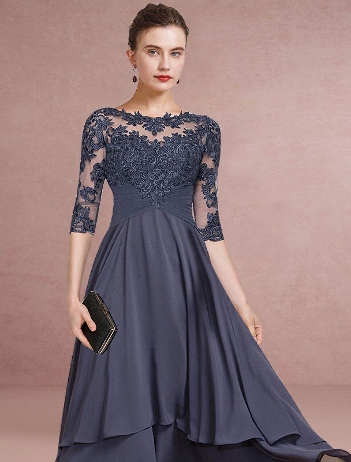 Sheath / Column Mother of the Bride Dress Wedding Guest Party Elegant Jewel Neck Asymmetrical Chiffon Lace Half Sleeve with Pleats Solid Color