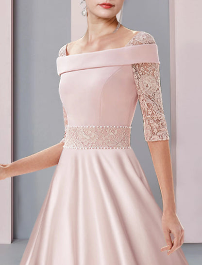 A-Line Mother of the Bride Dress Formal Wedding Guest Elegant Square Neck Tea Length Satin Lace Half Sleeve with Pearls