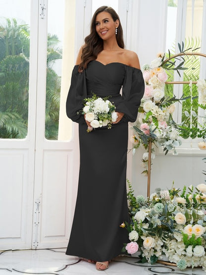 Sheath/Column Silk like Satin Ruched Off-the-Shoulder Long Sleeves Floor-Length Bridesmaid Dresses