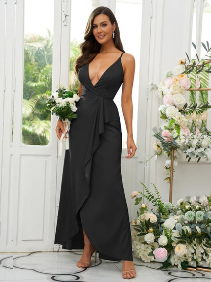 A-Line/Princess Silk like Satin Ruffles V-neck Sleeveless Floor-Length Bridesmaid Dresses