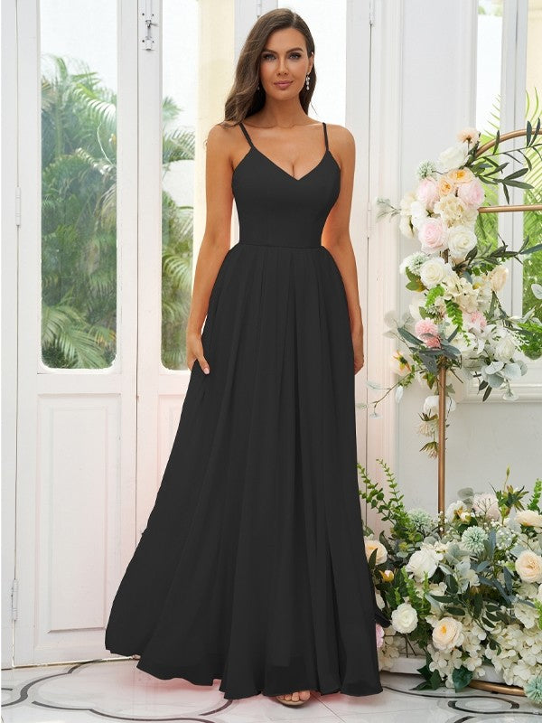 A-Line/Princess Chiffon Ruffles V-neck Sleeveless Floor-Length Bridesmaid Dresses