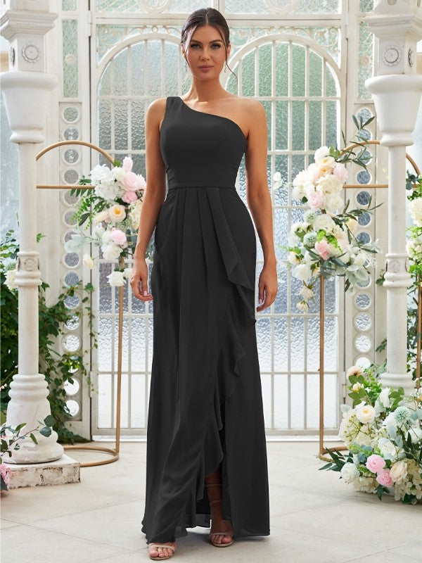 Sheath/Column Chiffon Ruffles One-Shoulder Sleeveless Floor-Length Bridesmaid Dresses