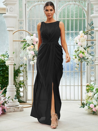 Sheath/Column Chiffon Ruched Scoop Sleeveless Floor-Length Bridesmaid Dresses