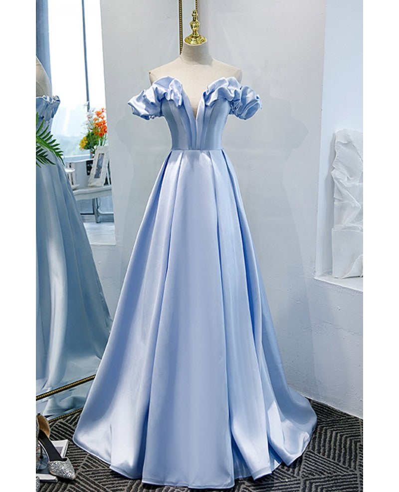 Elegant blue cross striped ball dress sky blue princess V-neck, ruffled edge, solid satin shoulder length and floor length evening dress