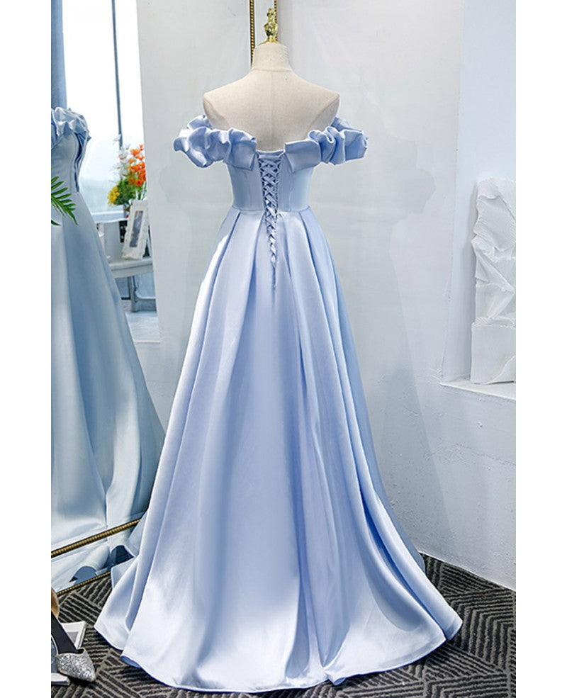 Elegant blue cross striped ball dress sky blue princess V-neck, ruffled edge, solid satin shoulder length and floor length evening dress