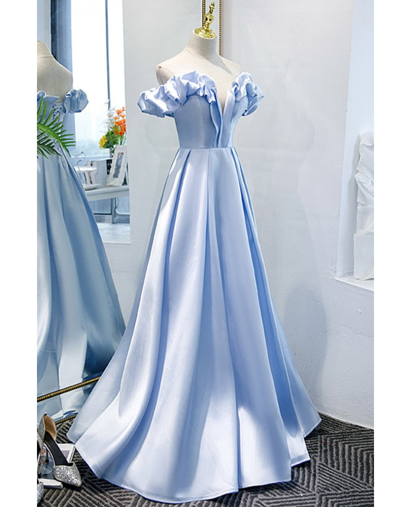 Elegant blue cross striped ball dress sky blue princess V-neck, ruffled edge, solid satin shoulder length and floor length evening dress