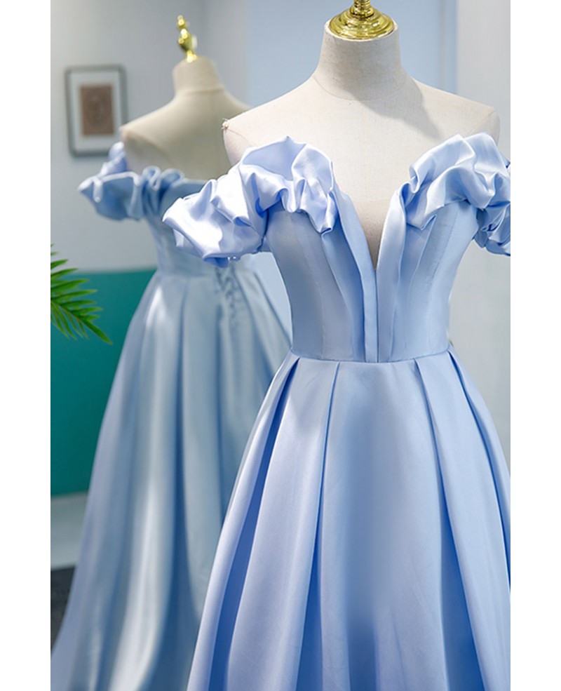 Elegant blue cross striped ball dress sky blue princess V-neck, ruffled edge, solid satin shoulder length and floor length evening dress