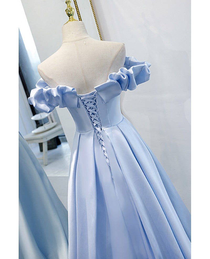 Elegant blue cross striped ball dress sky blue princess V-neck, ruffled edge, solid satin shoulder length and floor length evening dress