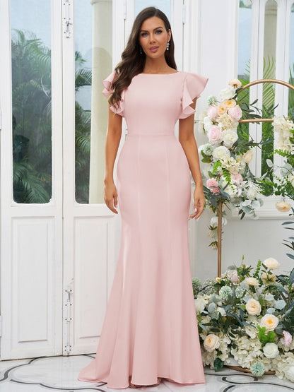 Sheath/Column Stretch Crepe Ruffles Scoop Short Sleeves Sweep/Brush Train Bridesmaid Dresses