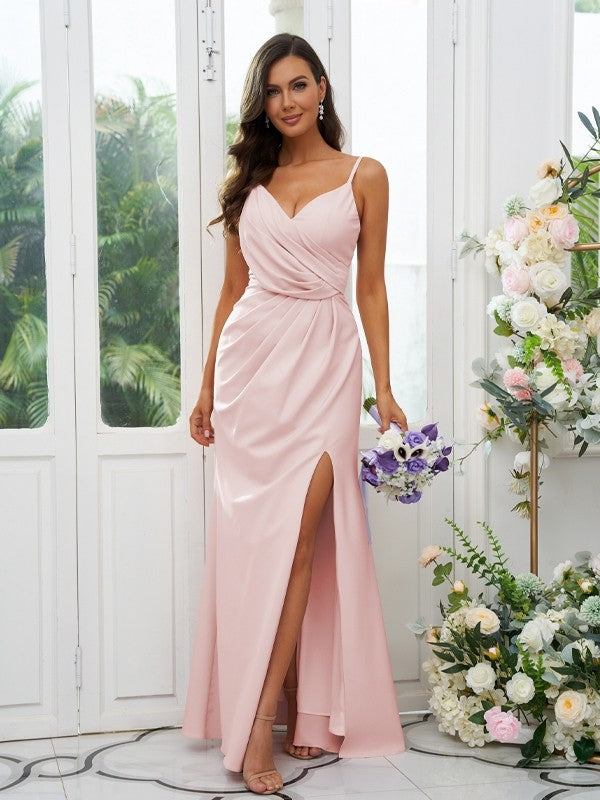 A-Line/Princess Stretch Crepe Ruched V-neck Sleeveless Floor-Length Bridesmaid Dresses